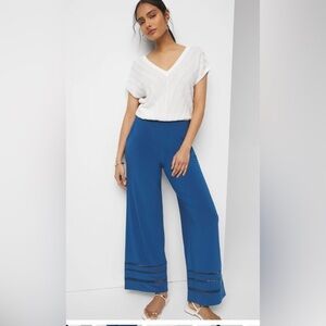 White House Black Market Matte Jersey Wide Leg Ladder SZ M P Trim Pant Blue